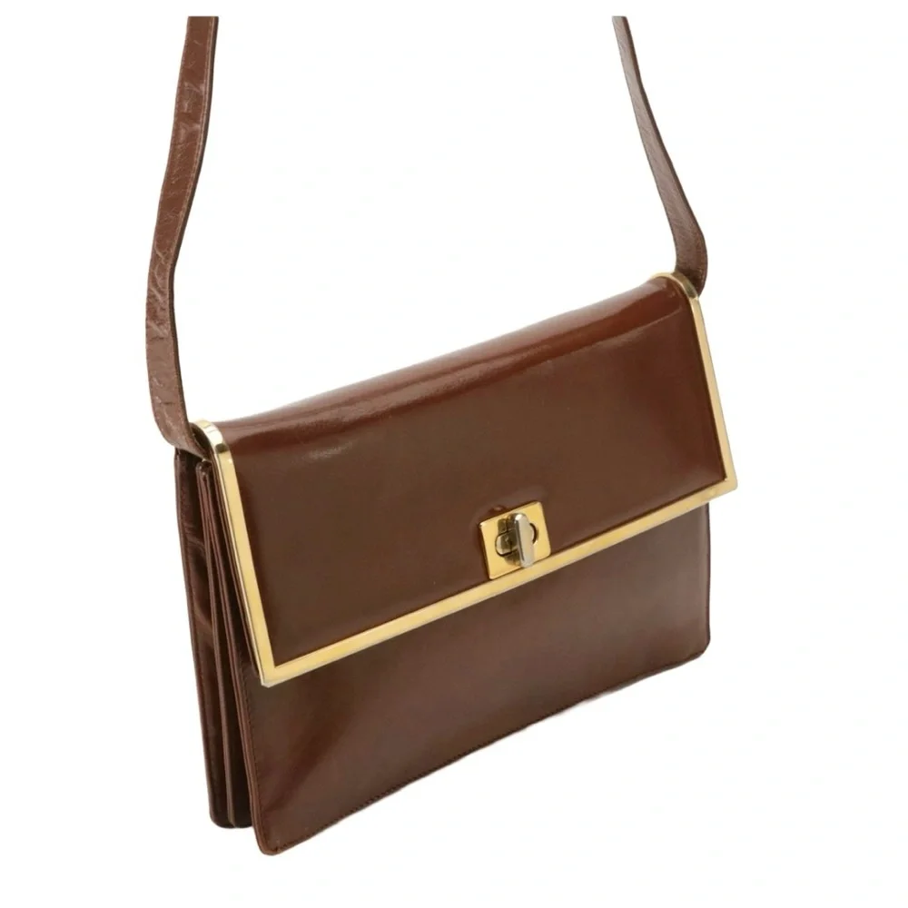 VINTAGE BALENCA BROWN LEATHER FRAMED FRONT FLAP SHOULDER BAG OR CLUTCH
